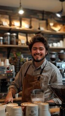 Fototapeta premium A confident barista working in a bustling coffee shop. 