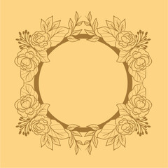 Hand Drawn Line art simple floral circle border frame on yellow green background