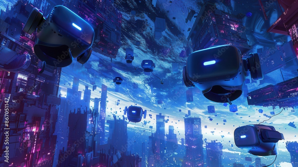 Aufkleber an immersive digital world with floating vr headsets and ar glasses. a vibrant scene for companies s