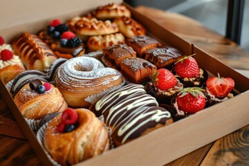 Cardboard box overflowing with a selection of delicious freshly baked pastries, perfect for a bakery or cafe