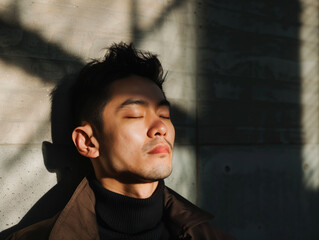close up portrait of asian man basking in the soft sunlight