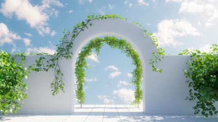 a stylish archway with a wooden base, surrounded by green foliage, with a blue sky and white clouds in the background