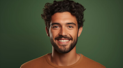 A confident male model customer, his warm smile and friendly demeanor captured in a headshot portrait against a solid sage green background