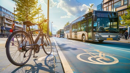 Sustainable Urban Mobility Concept - Electric Buses, Bike Lanes, and Green Transport Symbol