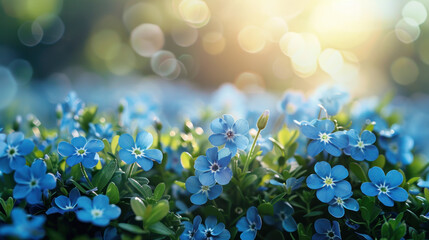 Beautiful field of blue Myosotis flowers blooming in spring garden, illuminated by golden sunlight. Concept of nature, beauty, and springtime.