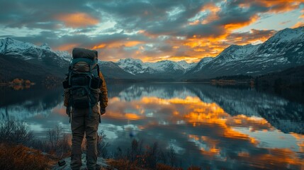 Obraz premium Backpacker admiring sunset over serene mountain lake - Generative AI