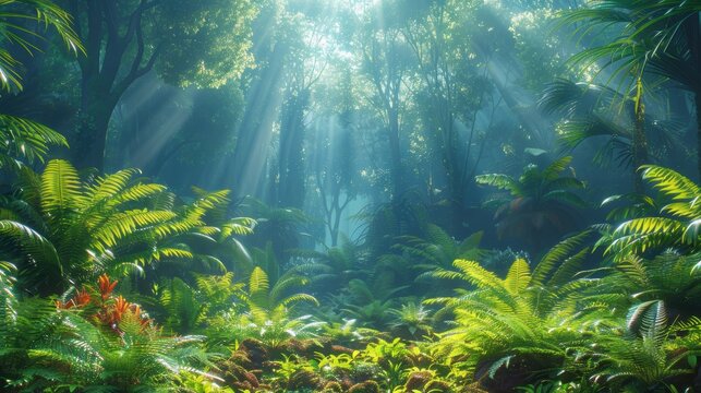 Sunlight filters through lush, green foliage in a serene, vibrant rainforest, creating a tranquil and mesmerizing natural landscape.
