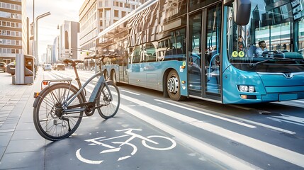 Naklejka premium Sustainable Cityscape with Electric Buses, Bike Lanes, and Eco-Friendly Transport Concept