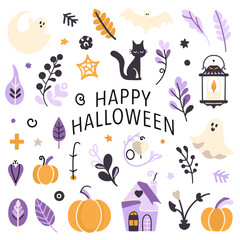 Fototapeta premium Halloween seamless design with ghost, skull, pumpkin, hat, plants, leaves, house, bat. Vector illustration, set, set of elements