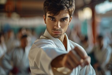 Fototapeta premium A martial arts master preparing for a match. A man in a concentrated pose. The concept of karate, judo