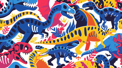 Obraz premium Abstract and colorful illustration of dinosaurs and their bones, creating a vibrant pattern on a white background