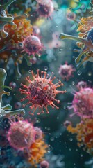 Obraz premium Close-up view of viral particles attaching to and penetrating cells.