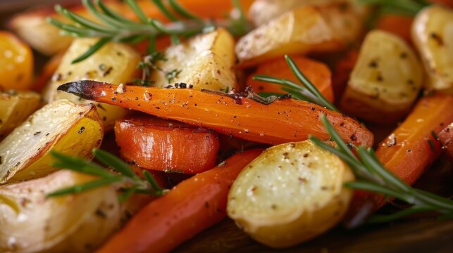 A platter of roasted root vegetables including foraged tur pars and carrots seasoned with fragrant sprigs of rosemary and thyme.