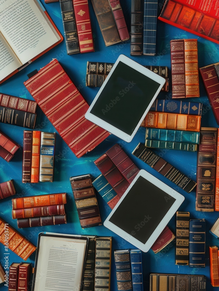 Leinwandbilder an overhead view of several tablets and e-readers displaying educational materials on a blue surface