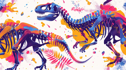 Obraz premium Abstract and colorful illustration of dinosaurs and their bones, creating a vibrant pattern on a white background