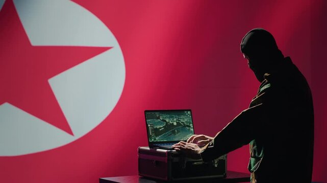 North Korea air defense operator uses radar system to detect incoming missiles during korean conflict. Pyongyang regime army soldier scans rockets approaching borders, deploys shields, camera A