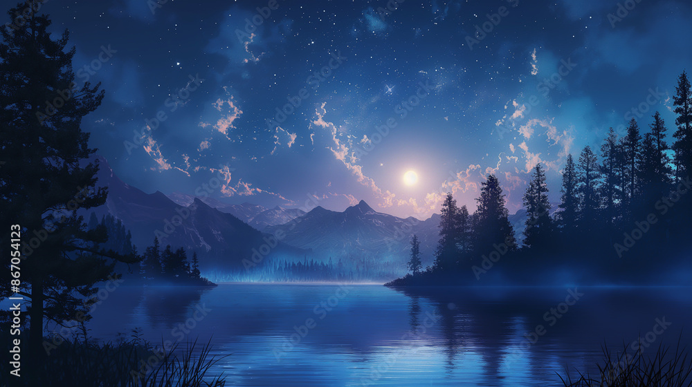 Wall mural Moonlit Night: A tranquil scene of a moonlit night with stars, clouds, and silhouettes of trees or mountains. - Wall murals