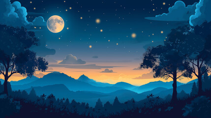 Fototapeta premium Moonlit Night: A tranquil scene of a moonlit night with stars, clouds, and silhouettes of trees or mountains.