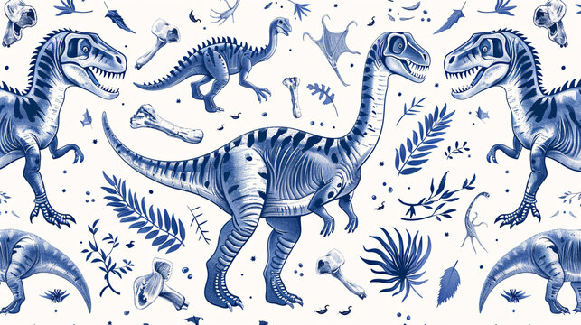 Abstract vector sketch of dinosaurs and their bones, creating a prehistoric pattern on a white background