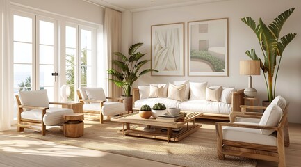 Obraz premium Elegant Minimalist Modern Living Room Interior with Wooden Furniture and Natural Light