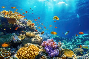 Obraz premium An underwater paradise with colorful coral reefs and a variety of tropical fish swimming through clear blue water. Generative AI