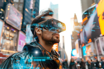 Man wearing virtual reality headset exploring a digital world in a bustling cityscape with neon lights and futuristic elements