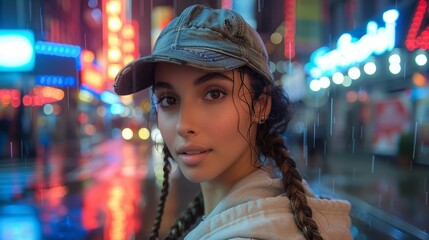 Portrait of a Woman in a Rainy Neon-lit City - Generative AI