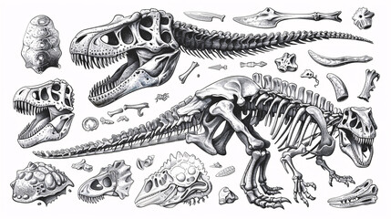 Fototapeta premium Black and white outline of various dinosaurs, including tyrannosaurus and triceratops, with a paleontological theme