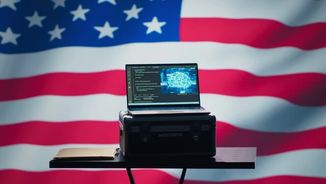 American programmer combating enemy bot accounts on social media with AI technology. Technician working for USA CIA agency building artificial intelligence algorithms to detect fake news, camera A