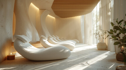 Modern minimalist spa relaxation room with comfortable white lounge chairs bathed in sunlight. Concept of tranquility, wellness, and luxury.