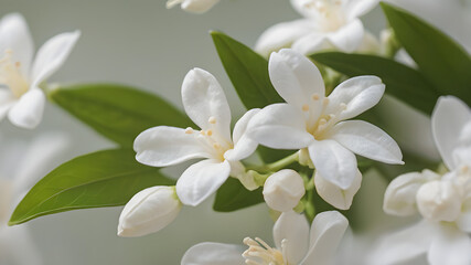 Obraz premium Delicate white blossoms unfurl with vibrant green leaves, evoking springtime freshness and natural beauty.