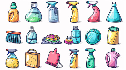Cartoon-style icons of household cleaning supplies including soap, spray bottle, and dustpan, isolated on white