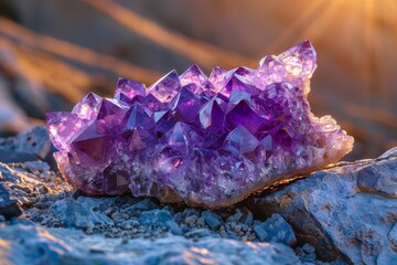 A sparkling cluster of purple amethyst crystals attached to a rock formation, shimmering in the sunlight