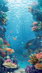 Fototapeta premium A stunning underwater scene featuring a vibrant coral reef teeming with colorful fish and sea creatures. Perfect for diving centers and marine aquariums. Generative AI