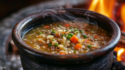 A bowl of homemade soup b with hearty vegetables and wild rice simmering over a crackling fire.