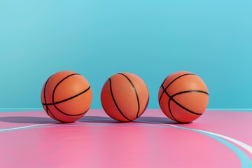 Obraz premium Three basketballs placed on a pink court, set against a soft blue background, embodying a minimalist sports concept.