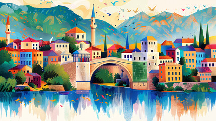 Creative perspective view of Mostarâ€™s bridge and landmarks, designed as a colorful emblem