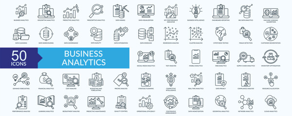 Business analytics icon collection set with data visualization,  key performance indicator, strategic planning, continuous improvement, quality control 