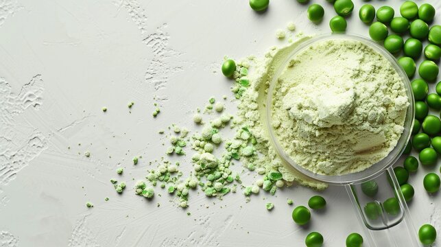 Pea Protein Powder and Whole Peas on a White Background