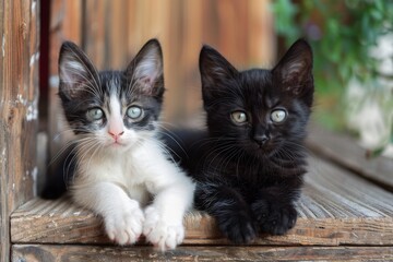 Obraz premium Two charming kittens—one white and one black—resting comfortably on a wooden porch.