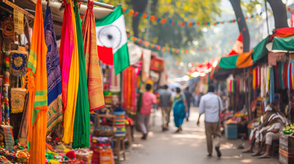 Obraz premium Market Stalls in India - People browsing market stalls in India with Independence Day goods, colorful and vibrant