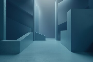 Fototapeta premium Abstract minimalist architecture background, empty blue room interior. Modern stage with geometric shapes, empty space in dark. Concept for product display, exhibitions, presentations, 3D render.