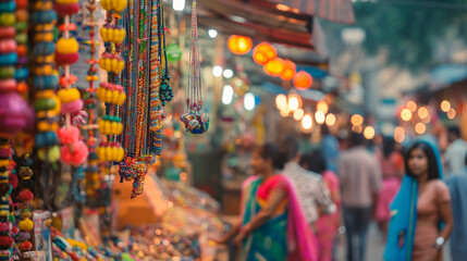Fototapeta premium Market Stalls in India - People browsing market stalls in India with Independence Day goods, colorful and vibrant