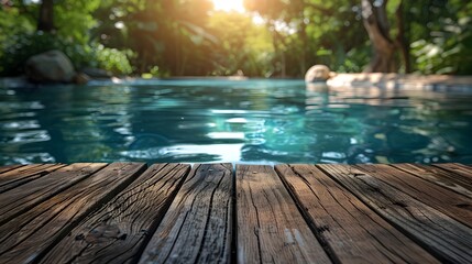 Elegant Wooden Table Showcasing Products in Serene Pool Backdrop