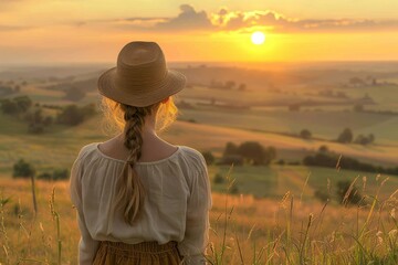 Woman contemplating sunset over farm fields. Back view 