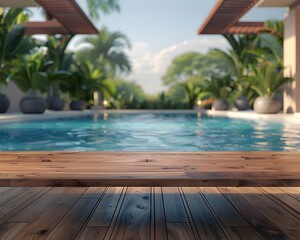 Obraz premium Sleek Wooden Table Beside Luxurious Spa Pool with Serene Calm Waters