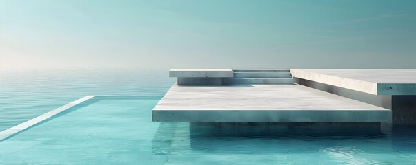 Fototapeta premium Modern Minimalist Concrete Table by Tranquil Pool Ready for Stylish Product Photography