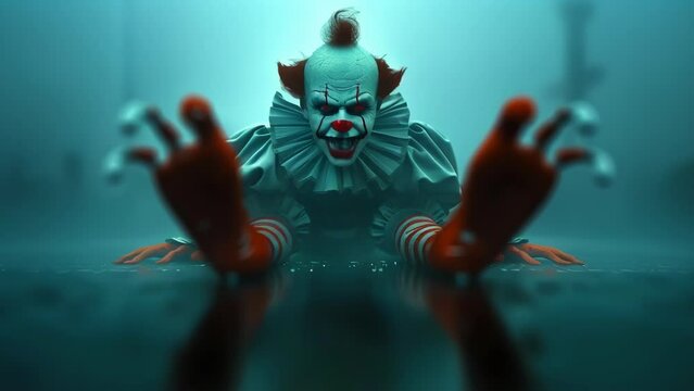 Menacing clown with glowing eyes rises from dark, murky waters. Pale face and sharp teeth contrast eerily against the aquatic background. 