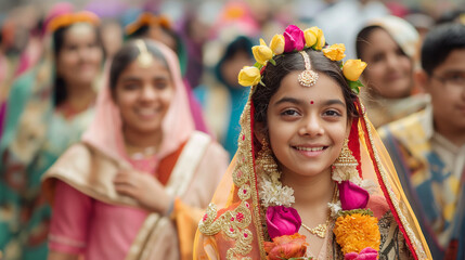 Fototapeta premium Indian Street Parade - Participants in an Indian Independence Day parade, showcasing unity and diversity, lively and festive