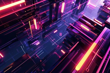Futuristic Cyberpunk Cityscape with Neon Lights and Reflections, Abstract Digital Background